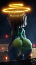 1girls big_ass black_hair candle female frog frog_girl from_behind green_skin halo kippi_(otalewda) kneeling otalewda pussy solo