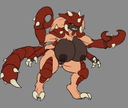 anthro arachnid arthropod big_breasts breasts claws fangs female fur genitals hi_res karnator karnator_(artist) membrane_(anatomy) nipples open_mouth orange_eyes pussy scorpion simple_background solo