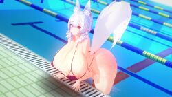 3d areolae bikini fox_ears fox_girl fox_tail huge_breasts koikatsu nijisanji nijisanji_en nina_kosaka pool poolside red_eyes virtual_youtuber wet wet_body