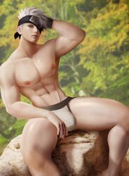 1boy big_pecs black_bandana black_glove brown_eyes forest_background male_focus male_only muscular_male pectorals sitting white_hair white_panties