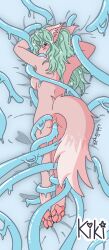 absurd_res anthro anus ass blue_eyes blue_tentacles blush breasts canid canine dakimakura_design female fox fur genitals green_hair hair hi_res kiki_(nekopumpkin) looking_at_viewer looking_back lubed lying mammal nekopumpkin on_front oral oral_penetration pawpads paws penetration pink_body pink_fur pink_nose pussy shaded side_boob simple_shading sparkles sparkling_eyes spread_butt spreading sprinkles tentacle tentacle_in_mouth tentacle_penetration tentacle_sex vaginal_penetration vaginal_penetration