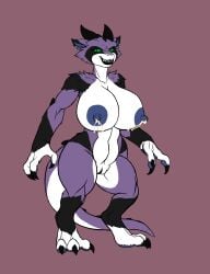 absurd_res anthro big_breasts black_body black_fur bodily_fluids breasts claws demon ear_piercing fangs female fur furry furry_only genitals green_eyes hi_res huge_breasts karnator karnator_(artist) lactating large_breasts monster multicolored_body multicolored_fur open_mouth open_smile piercing purple_body purple_fur pussy simple_background smile solo standing tail thick_thighs white_body white_fur wide_hips