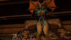 2022 3d barely_clothed black_hair blizzard_entertainment faerie_dragon futanari green_eyes green_hair hi_res inn kloruc naked oc original_character penis purple_eyes tavern void_elf warcraft world_of_warcraft