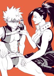 1boy 1girls abs cleavage female katsuki_bakugou katsuki_bakugou_(cosplay) male momo_yaoyorozu muscular muscular_male my_hero_academia outfit_swap ponytail spiky_hair straight unhappy_male