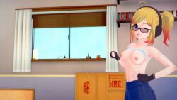 3d blonde_hair bra breasts breasts_out female female_focus female_only glasses gloves headgear indoors koikatsu leine_(fruitydalei) looking_at_viewer pants ponytail smile tongue wink