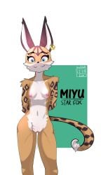 2020s 2022 absurd_res anthro blue_eyes bodily_fluids breasts brown_body brown_fur character_name countershade_torso countershading dripping ear_piercing ear_ring felid feline female fur genital_fluids genitals hands_behind_back hi_res houjichate lynx mammal miyu_lynx nintendo nipples nude piercing portrait pussy pussy_juice pussy_juice_drip solo star_fox text three-quarter_portrait video_games white_body white_countershading