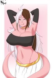 baggy_pants big_breasts black_topwear crossover dragon_ball fae-sama majin majin_neo neo_(rwby) pink_skin rwby tail