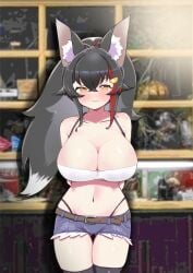 alternate_costume animal_ear_fluff animal_ears arms_behind_back bangs belt black_hair black_legwear blush breasts brown_eyes cleavage colored_tips commentary_request cowboy_shot crossed_bangs denim_shorts female gluteal_fold hair_between_eyes hair_ornament highleg highleg_panties highres hololive hololive_gamers hololive_japan kani_bonara large_breasts long_hair looking_at_viewer multicolored_hair navel ookami_mio panties panties_under_shorts ponytail red_hair shorts solo stomach streaked_hair thigh_gap thighhighs underwear virtual_youtuber wolf_ears wolf_girl