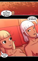 2girls after_sex aftercare best_friends blonde_hair brown_eyes comic comic_page dark-skinned_female female_only grey_eyes holland_earth_stories_(series) ivy_grace multiple_girls oasis_girl sabino_69_stories spanish_text tabia_(sabino69stories) white_hair