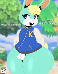 2022 absurd_res animal_crossing anthro balls blonde_hair blue_eyes bodily_fluids bottomless clothed clothing curvy_figure dialogue digital_drawing_(artwork) digital_media_(artwork) english_text erection femboy fur furry furry_only genitals girly green_body hair hi_res lagomorph leporid lobokosmico male male_only mammal nintendo partially_clothed penis rabbit sasha_(animal_crossing) shortstack_femboy solo tail text thick_thighs thunder_thighs topwear video_games wide_hips