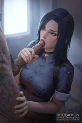 1boy artist_name black_choker black_hair blue_eyes breasts caitlyn_kiramman choker dark-skinned_male dark_skin erection fellatio female forehead highres hoobamon interracial kneeling large_penis league_of_legends lips long_hair looking_at_another male_pubic_hair medium_breasts oral orientation_play penis penis_grab pubic_hair shirt straight straight_hair tattoo uncensored veins veiny_penis