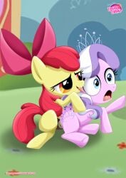 2girls apple_bloom_(mlp) bbmbbf diamond_tiara_(mlp) equestria_untamed equine female female/female female_only friendship_is_magic hasbro my_little_pony open_mouth palcomix rape sex sex_toy strap-on tongue tongue_out yuri