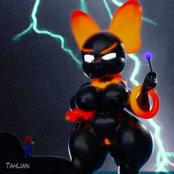 1boy 1girls 2021 3d 3d_(artwork) accessory anthro areola artist_name bald_female big_areola big_breasts black_body black_scales blender_(software) bowser's_fury breasts curvaceous curvy_figure detailed_background digital_media_(artwork) duo female genitals glowing glowing_eyes glowing_genitalia glowing_pussy hair_accessory hair_ribbon hairbow hand_on_hip hi_res hourglass_figure human jewelry koopa koopaling lightning lips macro male mammal mario mario_(series) micro necklace nintendo nipples nude outside pussy raining reptile ribbons scales scalie size_difference smile super_mario_3d_world super_mario_bros. tahlian thick_thighs video_games voluptuous wand watermark wendy_o._koopa white_eyes wide_hips