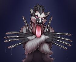 2019 5_fingers ambiguous_gender anthro bodily_fluids claws digital_media_(artwork) dripping fingers half-length_portrait hand_fetish long_claws longblueclaw nintendo obstagoon open_mouth pink_eyes pokémon_(species) pokemon portrait saliva saliva_drip simple_background solo teeth tongue tongue_out video_games