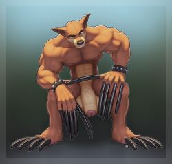 1boy 2018 5_fingers activision anthro balls brown_body brown_fur claws crash_(series) digital_media_(artwork) fingers fur genitals green_eyes half-erect hi_res long_claws longblueclaw looking_at_viewer male male_only orange_body orange_fur pawpads paws penis simple_background sitting solo tan_body tan_fur teeth tiny_tiger video_games