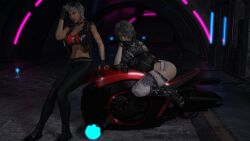 2020 2girls 3d abs clothed clothing dark-skinned_female dark_skin female female_only glowing_eyes kokoro3dx kokoro_(artist) kokoro_(kokoro3dx) large_breasts markings motorcycle multiple_girls navel_piercing original original_character original_characters outdoor outdoors outside pale-skinned_female pale_skin public side_view slushe_(website) tamara_(kokoro3dx)