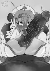 1boy 1girls ahe_gao big_breasts big_penis black_and_white blush breasts climax face_against_penis female genshin_impact gigantic_penis huge_breasts huge_cock human large_breasts large_penis licking licking_penis long_penis male monochrome monster noelle_(genshin_impact) orgasm orgasm_face paizuri penis penis_between_breasts pov tagme thick_penis titjob ursamoon v_sign veiny_penis