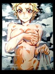 1girls bath blonde_hair breasts covering covering_breasts female female_only fire_emblem fire_emblem_fates freckles highres looking_at_viewer medium_breasts mikkusushi naked_towel nintendo red_eyes scarlet_(fire_emblem) short_hair solo steam sweat towel upper_body wet