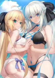 2girls ahoge artoria_caster_(fate) artoria_pendragon_(caster) artoria_pendragon_(fate) ass bangs bare_shoulders beach bikini black_bikini black_bow blonde_hair blue_eyes blue_sky blush bow braid breasts choker cleavage cloud collarbone eyebrows eyebrows_visible_through_hair fate/grand_order fate_(series) female female_ass french_braid green_eyes grey_hair hair_ribbon hairbow highres holding_hands interlocked_fingers large_breasts long_hair looking_at_viewer looking_to_the_side morgan_le_fay_(fate) multiple_girls navel neko_daruma no_sex ponytail pubic_tattoo ribbon siblings sidelocks sisters sky small_breasts smile stomach_tattoo swimsuit tattoo thighhighs very_long_hair water wet wet_breasts white_bikini