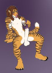 2019 anthro balls brown_hair digital_media_(artwork) felid fur genitals hair hi_res longblueclaw male male_only male_urethral_insertion mammal masturbation nipples open_mouth pantherine penetration penis simple_background sitting solo sounding_rod striped_body stripes tiger tongue tongue_out urethral urethral_insertion urethral_masturbation urethral_penetration