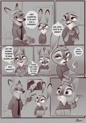 anthro canid canine clothed clothing comic dialogue disney duo english_text female fox hi_res judy_hopps lagomorph leporid male mammal monochrome nick_wilde question_mark qupostuv35 rabbit sex_toy text vibrator zootopia