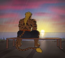 2018 anthro black_body black_fur blonde_hair clothed clothing detailed_background digital_media_(artwork) feet felid fur hair humanoid_feet longblueclaw male mammal muscular muscular_anthro muscular_male outside pantherine rear_view sitting solo sunset tan_body tan_fur tiger topless