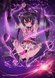 anus ass bare_shoulders black_hair blank_eyes blush bondage boots bound breasts censored chained chains detached_sleeves dress electricity female female_orgasm frilled_dress frilled_sleeves frills full_body goyain medium_breasts neptunia_(series) nipples noire object_insertion open_mouth orgasm red_eyes restrained sitting solo sweat thigh_boots twintails vaginal_object_insertion vaginal_penetration