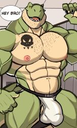 2022 abs absurd_res anthro balls barazoku biceps big_bulge big_muscles body_hair bulge chest_hair claws clothing darknaigart detailed_bulge dialogue dinosaur english_text facial_hair genital_outline genitals hi_res huge_bulge huge_muscles inside jace_(darknaig) jockstrap locker_room looking_at_viewer male male_only muscular muscular_anthro muscular_male navel nipples non-mammal_balls non-mammal_nipples obliques open_mouth open_smile pecs penis_outline reptile scalie smile solo standing talking_to_viewer tattoo teeth text text_on_clothing text_on_jockstrap text_on_underwear theropod thick_thighs tongue tyrannosaurid tyrannosaurus tyrannosaurus_rex underwear vein