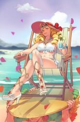 1girls 3boys beach belly_button big_breasts blanka blonde_female blonde_hair blurry_background breasts capcom claws cleavage cloud collarbone curly_hair disembodied_hands drink drinking_glass eyewear_on_head feet female female_focus fruit fully_clothed green_skin hat hat_ribbon headwear human humanoid jewelry karin_kanzuki legs_crossed lemon long_hair looking_at_viewer male monster necklace no_visible_genitalia norasuko outdoors partial_male sandals sea seaside sky straw street_fighter street_fighter_v sun_chair sunglasses_on_head sunshine swimsuit toes yellow_eyes