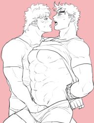 2boys battle_tendency blush caesar_zeppeli gay hands_tied jojo's_bizarre_adventure joseph_joestar looking_at_another male male/male male_nipples male_only masturbating_other masturbation muscular_male nakaji open_mouth pecs shirt_up yaoi