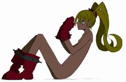 1009 bags_under_eyes blonde_hair boots capcom effie_(street_fighter) female flat_chest gloves green_eyes long_hair red_gloves scared solo spiked_gloves street_fighter twintails