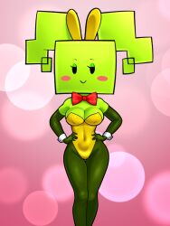 1girls 2022 2d :> bowtie breasts bunny_ears bunnysuit cleavage clothed clothing elbow_gloves female female_focus female_only gloves green-skinned_female green_body green_skin hands_on_hips hi_res highres looking_at_viewer mario_(series) medium_breasts mimi_(super_paper_mario) mob_face navel nintendo paper_mario pink_background png portrait pose posing simple_background sleepiitreat solo solo_female solo_focus standing tits twintails video_games wide_hips wrist_cuffs