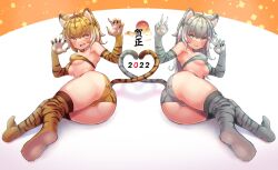 2022 2girls :d animal_ear_fluff animal_ears animal_print ass bandeau bikini blonde_hair blue_eyes blush breasts calpish chinese_zodiac claw_pose double_v elbow_gloves fingernails gloves grey_hair grin heart_tail_duo long_hair lying medium_breasts multicolored_hair multiple_girls oerba_yun_fang on_side open_mouth original sharp_fingernails slit_pupils smile swimsuit symmetry tail thighhighs tiger_ears tiger_girl tiger_print tiger_stripes tiger_tail underboob v year_of_the_tiger yellow_eyes
