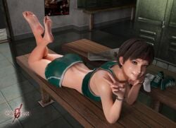 1girls 3d barefoot capcom clothed clothing dolphin_shorts feet feet_up female female_only footwear fully_clothed gym_uniform human locker_room looking_at_viewer necdaz91 pale_skin rebecca_chambers resident_evil short_hair solo sportswear