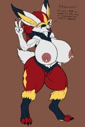 absurd_res anthro athletic athletic_female big_breasts blue_body blue_fur bodily_fluids breasts cinderace claws dialogue fangs female fur genital_fluids genitals gesture hi_res karnator karnator_(artist) lagomorph leporid mammal milk multicolored_body multicolored_fur nintendo one_eye_closed open_mouth open_smile pokémon_(species) pokemon pussy pussy_juice rabbit red_body red_eyes red_fur smile solo thick_thighs tongue v_sign video_games white_body white_fur wide_hips yellow_body yellow_fur