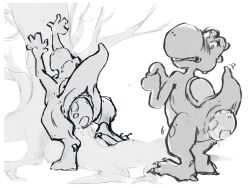 black_and_white bodily_fluids egg egg_laying embarrassed furry_tail green_yoshi male_only mario_(series) nintendo pain shy sketch sketch_page submissive submissive_male yoshi yoshi_(character) yoshi_egg