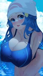 1girls 2022 alternate_breast_size blue_eyes blue_hair blush breasts cleavage competition_swimsuit dawn_(pokemon) female female_only hat horny huge_breasts long_hair looking_at_viewer massive_breasts nintendo one-piece_swimsuit pokemon pokemon_dppt smile sumisumii voluptuous wet wet_body wet_breasts white_hat