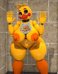 3d 3d_(artwork) 5_fingers absurd_res animatronic anthro areola avian barely_visible_genitalia barely_visible_pussy beak bib big_breasts big_nipples bird blue_eyes breasts chicken digital_media_(artwork) female fingers five_nights_at_freddy's five_nights_at_freddy's_2 galliform gallus_(genus) genitals geometryboymejia hair head_tuft hi_res huge_breasts huge_hips huge_thighs looking_at_viewer machine nipple_piercing nipples non-mammal_breasts non-mammal_nipples nude orange_areola orange_beak orange_nipples orange_pussy phasianid piercing pussy robot rosy_cheeks scottgames shower solo thick_thighs toy_chica_(fnaf) tuft video_games wide_hips yellow_body