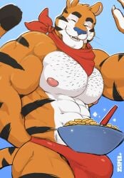 2022 abs anthro biceps big_bulge big_muscles blue_background blush body_hair bowl bulge cereal chest_hair claws closed_eyes clothing container cutlery eyebrows felid food frosted_flakes fur hi_res huge_bulge huge_muscles jasperbro kellogg's kitchen_utensils male male_only mammal mascot muscular muscular_anthro muscular_male neckerchief nipples pantherine pecs signature simple_background smile solo spoon standing teeth thong tiger tony_the_tiger tools tuft underwear whiskers