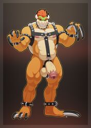 2018 anthro balls bara bowser claws clothed clothing cock_ring digital_media_(artwork) eyebrows flaccid full-length_portrait gaping gaping_urethra genitals harness hi_res long_claws longblueclaw male male_only mario_(series) musclegut muscular muscular_anthro muscular_male nintendo penile_spines penis portrait simple_background solo standing teeth urethra video_games