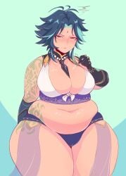 1girls big_belly blue_background breasts chubby chubby_female clothed female female_only geep genshin_impact rule_63 short_hair simple_background solo standing suggestive tattoo tattoos thick_thighs xiao_(genshin_impact)