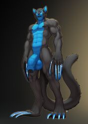 2018 anthro balls black_body black_fur black_sclera blue_body blue_eyes blue_fur claws digital_media_(artwork) felid feline flaccid foreskin full-length_portrait fur genitals hi_res long_claws longblueclaw low-angle_view male mammal muscular muscular_anthro muscular_male nipples penis portrait simple_background smile solo standing vein veiny_penis