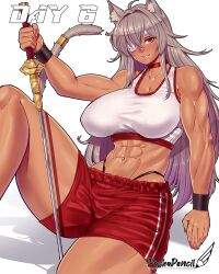 1girls abs big_breasts dark-skinned_female female female_only ghislaine_dedoldia looking_at_viewer muscular_female mushoku_tensei pashapencil solo sword