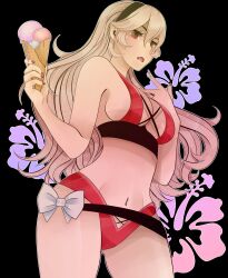 1girls absurdres alternate_costume bangs bikini corrin_(fire_emblem) corrin_(fire_emblem)_(female) female female_only fire_emblem fire_emblem_fates food from_below hairband highres ice_cream kyhsoren long_hair looking_at_viewer looking_down nail_polish nintendo red_bikini red_eyes red_nails red_swimsuit solo swimsuit upper_body white_hair