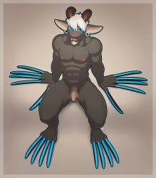 2018 anthro balls blue_eyes claws digital_media_(artwork) facial_hair facial_piercing flaccid foreskin full-length_portrait genitals grey_body hair hi_res high-angle_view humanoid_genitalia humanoid_penis lip_piercing long_claws longblueclaw looking_at_viewer male nipples nude penis piercing portrait simple_background sitting small_balls small_penis solo white_hair