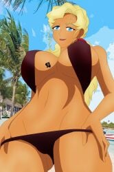 1girls beach big_breasts blonde_hair blue_eyes breasts brown_skin cheating_wife cowgirl_position dark-skinned_female dark_skin female female_only highres humanoid large_breasts long_hair looking_at_viewer married_woman mature mature_woman milf mitoto_kuramitsu mother noir-black-shooter queen_of_spades solo swimsuit tattoo tenchi_muyo! thick_thighs voluptuous wide_hips