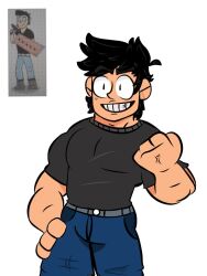 1boy 4_fingers alternate_version_available black_hair bulge clinton_samuel_chacon_yumbato clothed hand_on_hip male male_focus male_only pants pecs reference_image shirt smiling teeth unknown_artist unknown_character vein