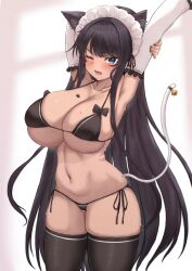 animal_ears arm_up armpits bikini black_hair black_legwear blue_eyes blush breasts cat_ears cat_tail cleavage dark-skinned_female dark_skin elbow_gloves female female_only gloves highres huge_breasts mole mole_on_breast mole_on_thigh mole_under_eye navel one_eye_closed original sho_(wnmf3234) skindentation solo swimsuit tail tan thighhighs white_gloves