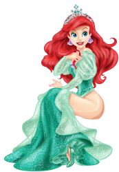 ariel crown disney disney_princess dress dress_lift gown gown_lift heels red_hair sparkles the_little_mermaid