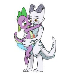 anthro between_legs blush crysto curled_tail diamond_(gem) dragon duo embarrassed embrace friendship_is_magic gem genitals glowing glowing_genitalia glowing_penis grabbing_shoulders holding_back holding_butt horn horn_jewelry hug humanoid_genitalia humanoid_penis hybrid_genitalia hybrid_penis knot knotted_humanoid_penis kobold male male/male markings my_little_pony penis smile smooth_skin spike_(mlp) spikes striped_body striped_markings striped_tail stripes tail_markings too_big touching_back under vadytwy young